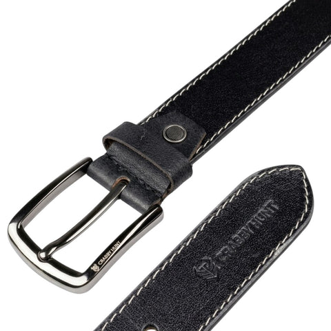 Crabby Hunt Black Leather Belt for Men – Premium Genuine Leather with Thread Stitch Design, Formal & Casual