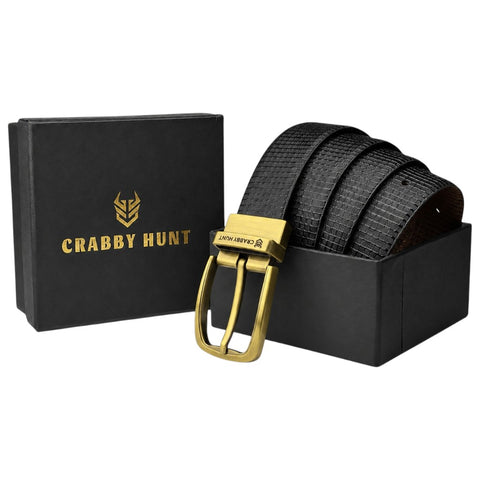 Crabby Hunt Men’s Reversible Genuine Leather Belt – Black & Tan Grid Texture with Antique Gold Buckle