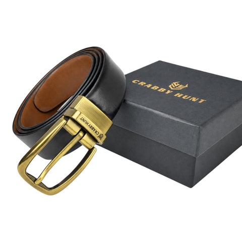 Crabby Hunt Men’s Reversible Genuine Leather Belt – Black & Tan Brown Smooth Finish with Antique Gold Buckle