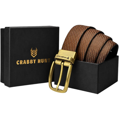 Crabby Hunt Men’s Reversible Genuine Leather Belt – Black & Brown Linear Texture with Antique Gold Buckle