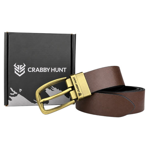 Men’s Black & Tan Reversible Genuine Leather Belt – Embossed Formal Belt with Antique Gold Buckle