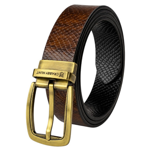 Crabby Hunt Men’s Reversible Genuine Leather Belt – Black & Brown Snake Texture with Antique Gold Buckle