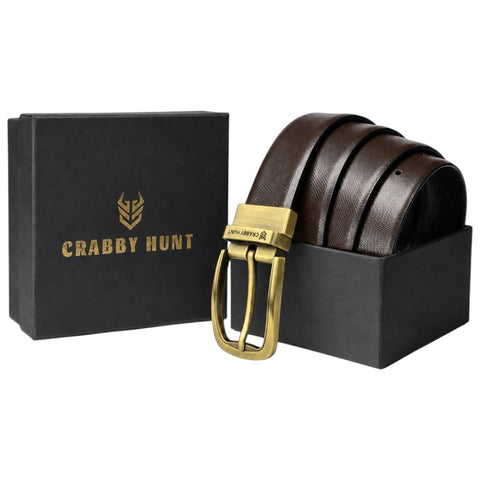 Men’s Brown & Black Reversible Genuine Leather Belt – Textured Formal Belt with Antique Gold Buckle
