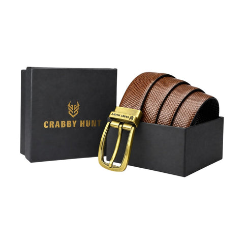 Crabby Hunt Men’s Reversible Genuine Leather Belt – Black & Brown Snake Pattern with Antique Gold Buckle