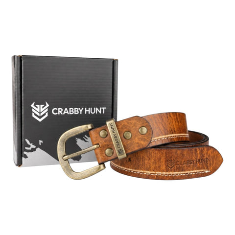 Crabby Hunt Vintage Brown Genuine Leather Belt for Men | Antique Brass Buckle | Casual & Formal Wear