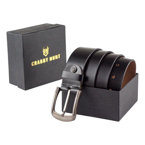 Crabby Hunt Black Genuine Leather Belt for Men – 1.5 Inch with Silver Buckle | Ideal gift option for men