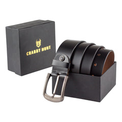 CRABBY HUNT Genuine Leather Belt for Men | 1.5 Inch Black Strap with Silver Buckle | Classic Formal & Business Wear Accessory | Durable & Stylish Gift Option