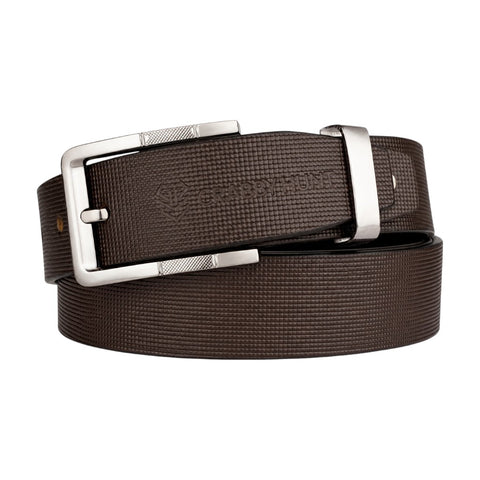 Crabby Hunt Men's Genuine Leather Belt – Brown Square Grid Textured Strap with Square Metal Buckle