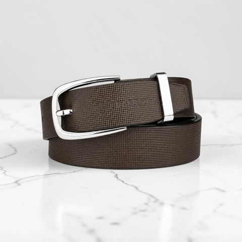 Crabby Hunt Men's Brown Leather Belt with Square Grid Texture & Gunmetal Round Buckle