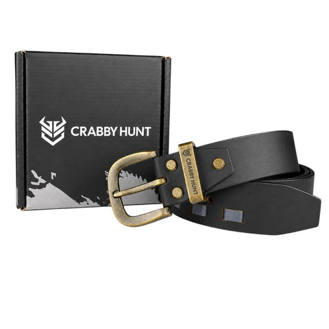 CRABBY HUNT Vintage Genuine Leather Belt for Men | Black Leather Belt with Antique Brass Buckle
