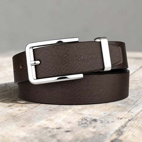Carbby Hunt Men's Genuine Leather Belt – Brown Square Grid Texture with Silver Buckle | Formal & Casual Wear