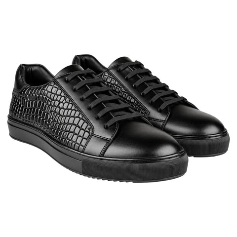 Crabby Hunt Men’s Black Textured Lace-Up Sneakers – Croc Pattern Casual Shoes with Platform Sole