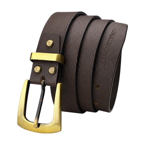 Crabby Hunt Premium Brown Leather Belt with Square Grid Texture & Golden Buckle | Formal & Casual Men's Belt