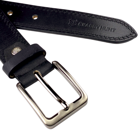 Crabby Hunt Classic Black Leather Belt with Brushed Metal Buckle – Refined Everyday Essential