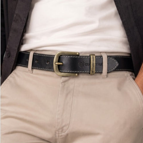 Crabby Hunt Black Leather Belt for Men – Premium Genuine Leather with Thread Stitch Design, Formal & Casual