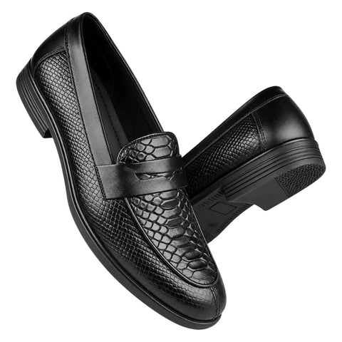 Crabby Hunt Men’s Black Textured Penny Loafers – Snake Pattern Formal Slip-On Shoes