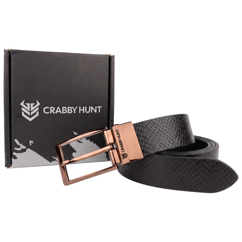 Crabby Hunt Men's Reversible Italian Leather Belt – Black & Brown Textured Belt with Rose Gold Square Buckle | Premium Genuine Leather Belt for Men