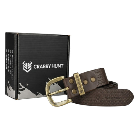 Crabby Hunt Brown Woven Pattern Leather Belt for Men – Genuine Leather, Elegant Texture, Stylish & Long-Lasting