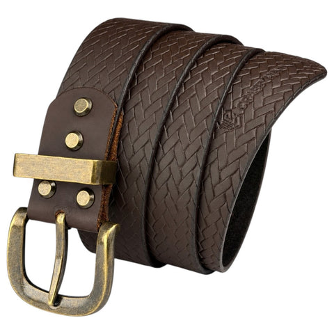 Crabby Hunt Brown Woven Pattern Leather Belt for Men – Genuine Leather, Elegant Texture, Stylish & Long-Lasting