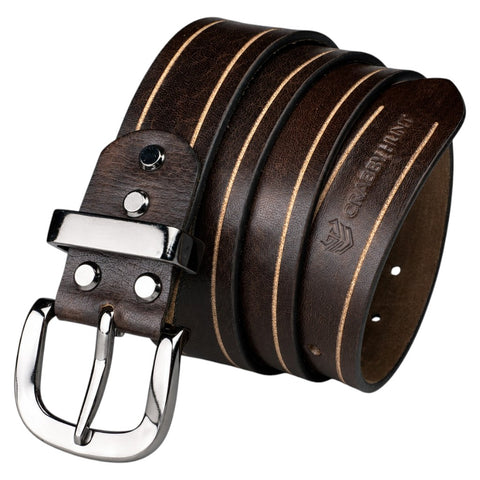 Crabby Hunt Brown Genuine Leather Belt for Men – Dual Stripe Design, Premium Craft