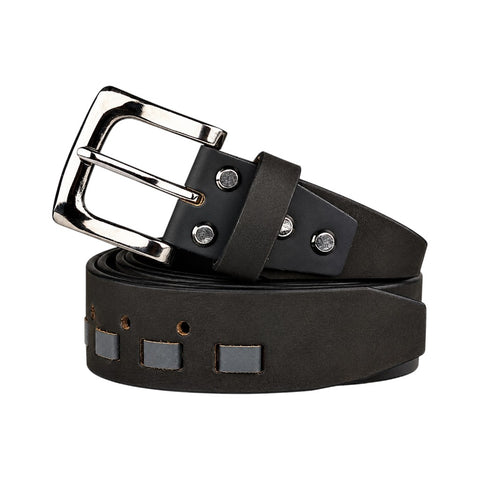 Crabby Hunt Black Genuine Leather Belt for Men | Silver Pin Buckle | Modern Cut-Out Design