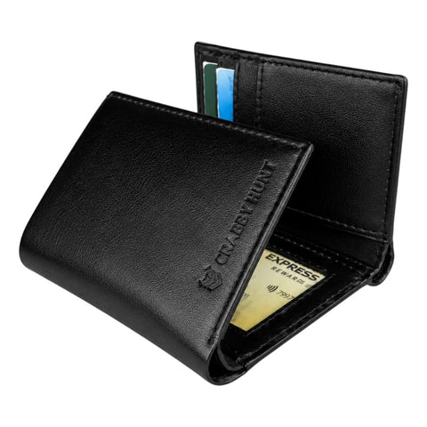 CRABBY HUNT Genuine Leather Tri-Fold Wallet for Men | Wallet with ID Window, Coin Pocket & Card Slots – Black