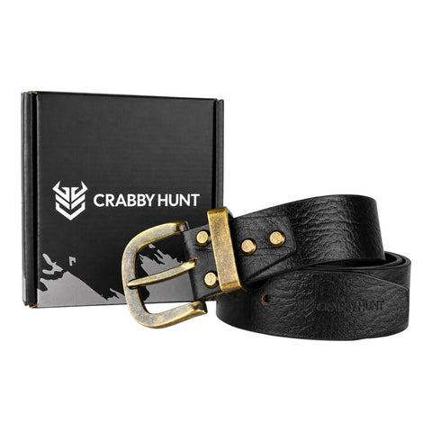 Genuine Black Leather Belt with Antique Brass Metal Buckle – Crabby Hunt