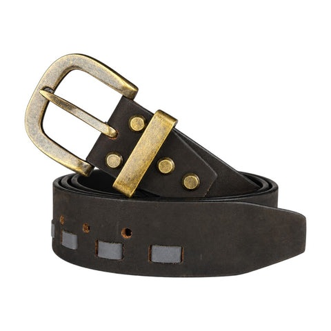 CRABBY HUNT Vintage Genuine Leather Belt for Men | Black Leather Belt with Antique Brass Buckle