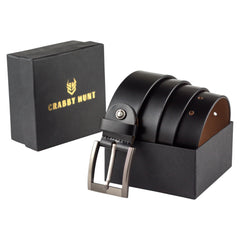 CRABBY HUNT Classic Black Leather Belt – 3.8 cm Wide | Genuine Leather | Silver-Tone Buckle | Formal | Business Wear for Men