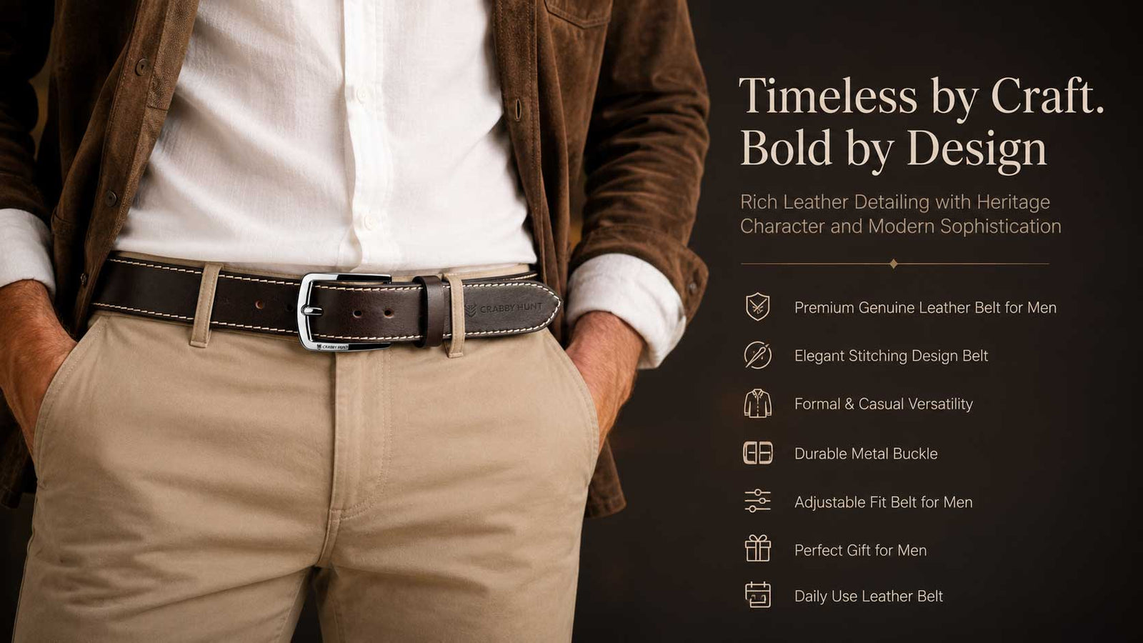 Crabby Hunt Men Genuine Leather Belt with Stitching | Dark Brown Formal & Casual Belt | Premium Thread Design