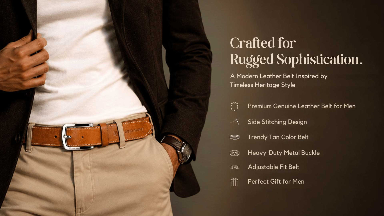 Crabby Hunt Tan Genuine Leather Belt for Men with Side Stitching