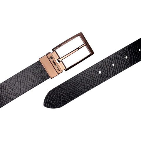 Crabby Hunt Men's Reversible Italian Leather Belt – Black & Brown Textured Belt with Rose Gold Square Buckle | Premium Genuine Leather Belt for Men