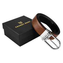 Crabby Hunt Men's Reversible Genuine Leather Belt with Orbit Silver Round Buckle | Black & Brown | LB-Reversible Orbit Silver Round