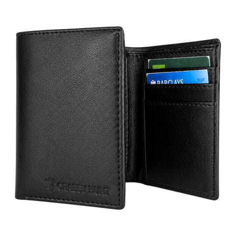 CRABBY HUNT Genuine Leather Tri-Fold Wallet for Men | Wallet with ID Window, Coin Pocket & Card Slots – Black