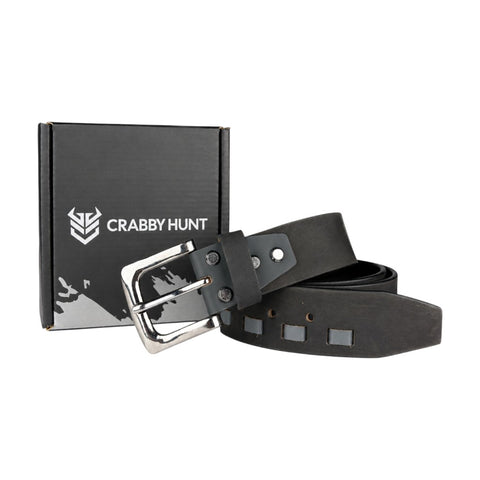 Crabby Hunt Black Genuine Leather Belt for Men | Silver Pin Buckle | Modern Cut-Out Design