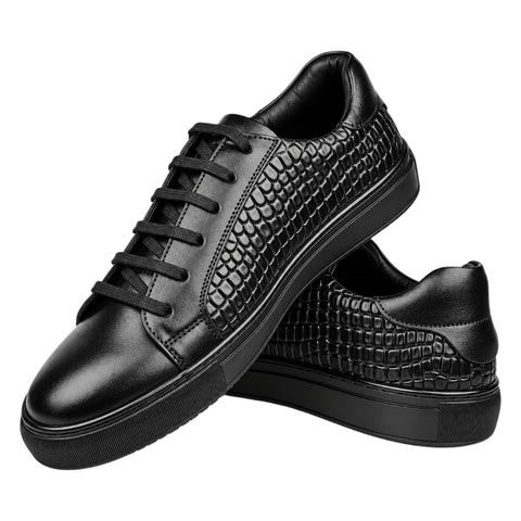Crabby Hunt Men’s Black Textured Lace-Up Sneakers – Croc Pattern Casual Shoes with Platform Sole