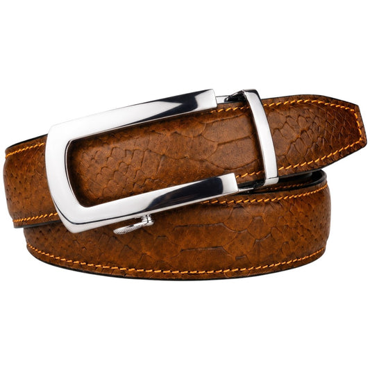 Crabby Hunt Men's Genuine Leather Auto Lock Belt – Brown Python Texture | Silver Ratchet Buckle | 35mm