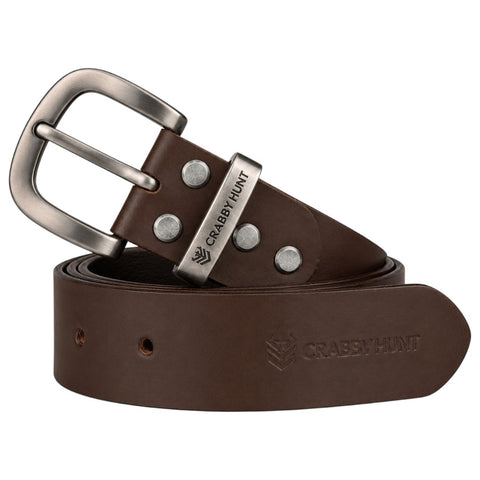 Crabby Hunt Classic Brown Leather Belt with Grey Round Buckle