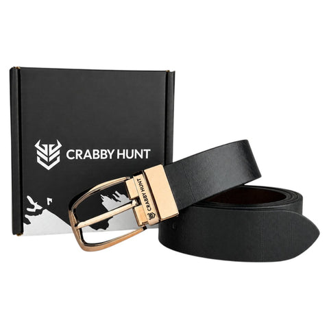 Crabby Hunt Men's Reversible Italian Leather Belt | Black & Brown | Premium Rose Gold Pin Buckle | Genuine Leather Formal Belt for Men | 35 mm