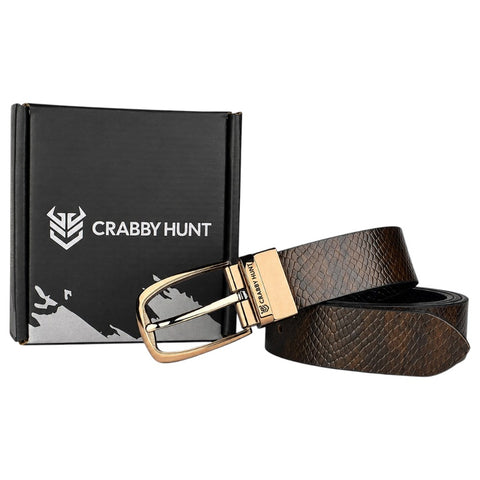 Crabby Hunt Men's Reversible Italian Leather Belt | Black & Brown Snake Texture | Premium Rose Gold Pin Buckle | Genuine Leather Belt for Men