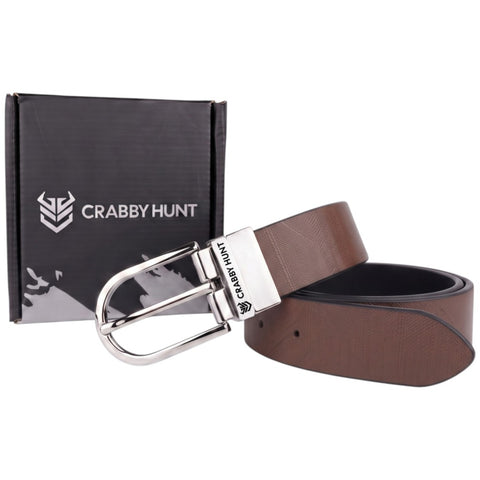 Crabby Hunt Men's Reversible Italian Leather Belt | Black & Brown Dual Color | Premium Silver Pin Buckle | Genuine Leather Belt for Men | 35 mm