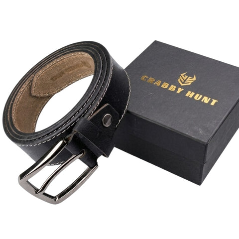 Crabby Hunt Black Leather Belt for Men – Premium Genuine Leather with Thread Stitch Design, Formal & Casual