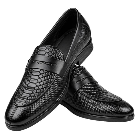 Crabby Hunt Men’s Black Textured Penny Loafers – Snake Pattern Formal Slip-On Shoes