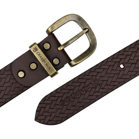 Crabby Hunt Brown Woven Pattern Leather Belt for Men – Genuine Leather, Elegant Texture, Stylish & Long-Lasting