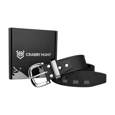 CRABBY HUNT Genuine Leather Belt for Men | Black Casual Belt with Cutout Design & Polished Metal Buckle