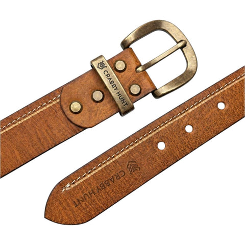Crabby Hunt Vintage Brown Genuine Leather Belt for Men | Antique Brass Buckle | Casual & Formal Wear