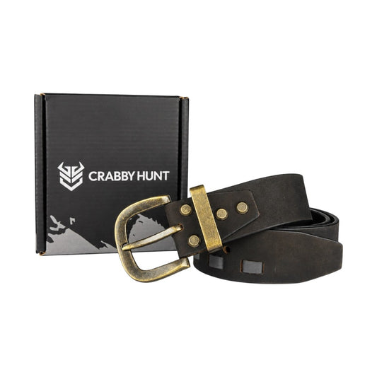 CRABBY HUNT Vintage Genuine Leather Belt for Men | Black Leather Belt with Antique Brass Buckle
