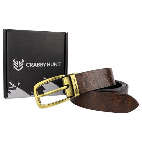 Crabby Hunt Men’s Reversible Genuine Leather Belt – Black & Brown Snake Texture with Antique Gold Buckle