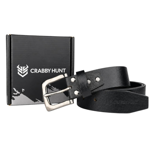 Crabby Hunt Men's Genuine Leather Belt – Black Apollo Strap with Gunmetal Square Buckle | Formal & Casual Belt