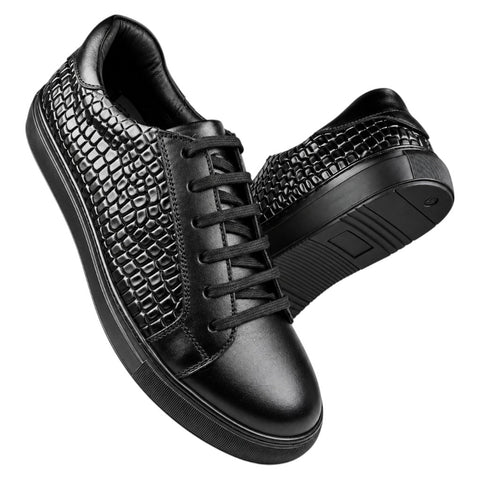 Crabby Hunt Men’s Black Textured Lace-Up Sneakers – Croc Pattern Casual Shoes with Platform Sole